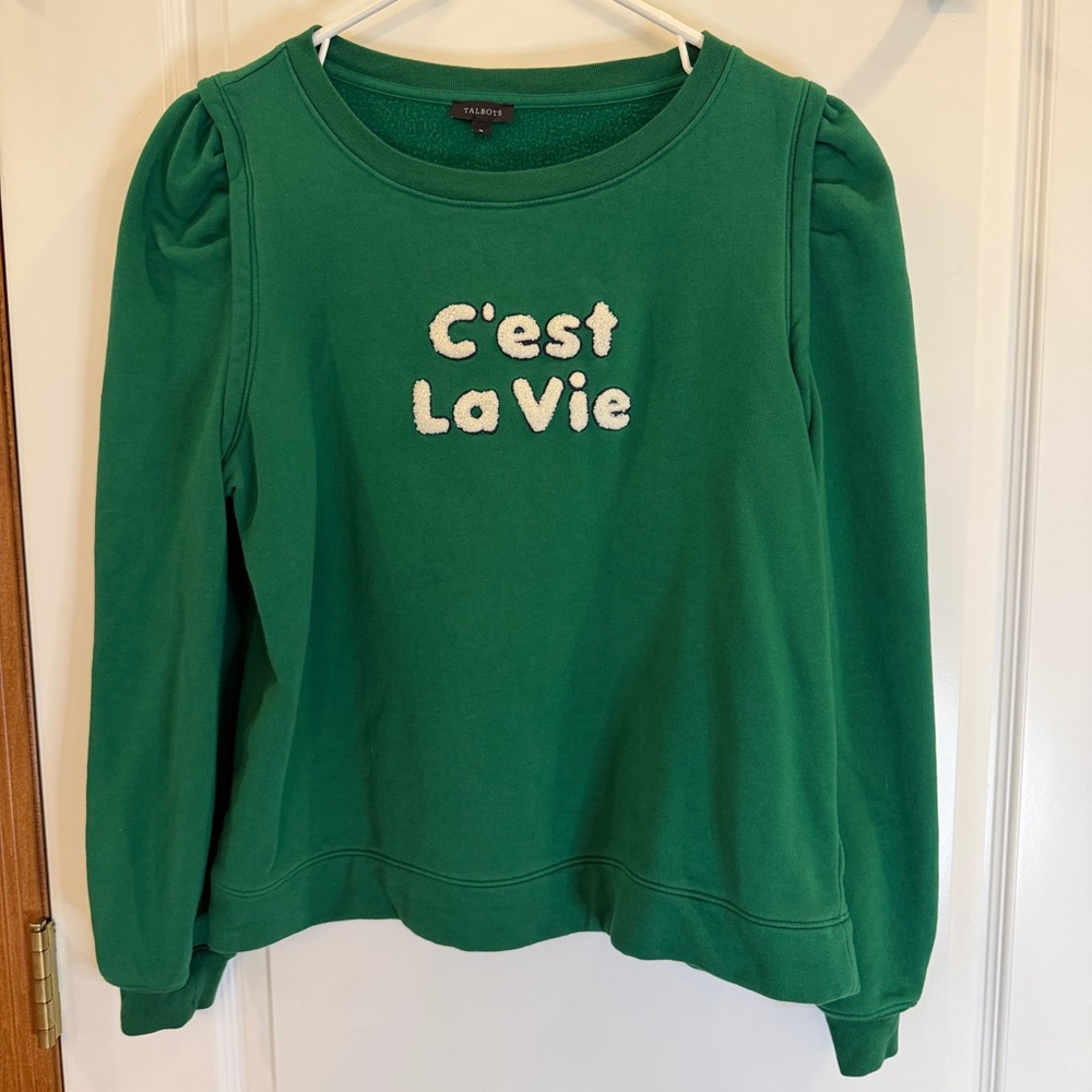 Talbots Green C'est La Vie Puff-Sleeve Sweatshirt